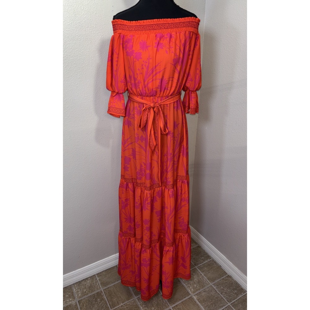 Aura Tiered Maxi Dress Women's Small Pink‎ Orange Off Shoulder Boho Vacation